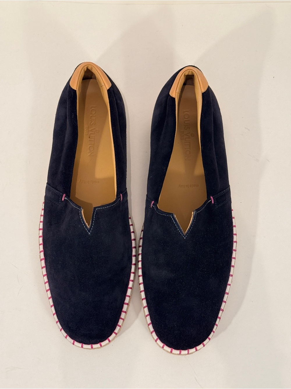 Louis Vuitton Navy Suede Slip-On Loafers with Pink-Trim Sole
